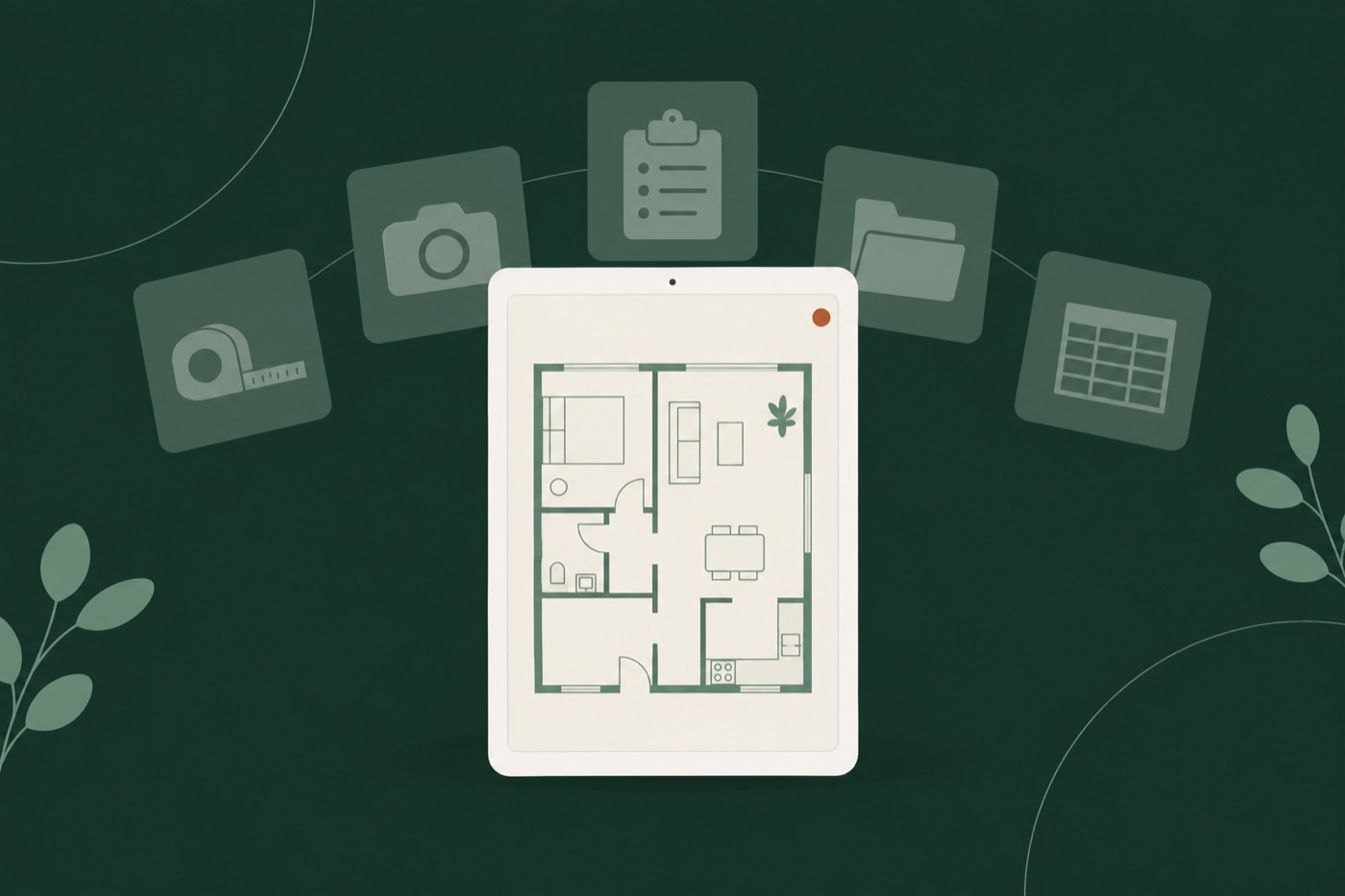 One tablet in front of five faded tool icons: tape measure, camera, clipboard, folder and spreadsheet