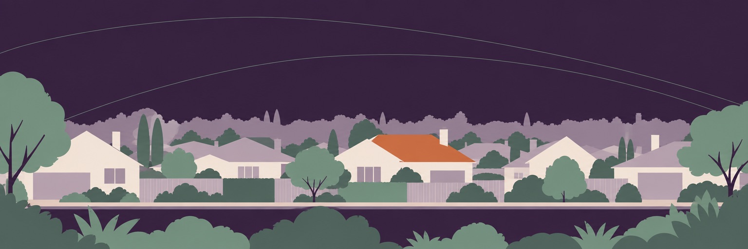 Illustrated suburban street of varied rooflines at dusk, one roof picked out in terracotta.