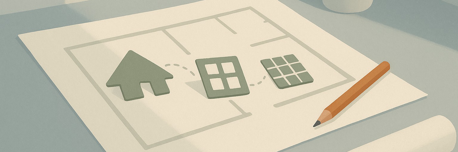 Painted illustration of a house floor-plan sketch on a table with a terracotta pencil, showing a sequenced upgrade path