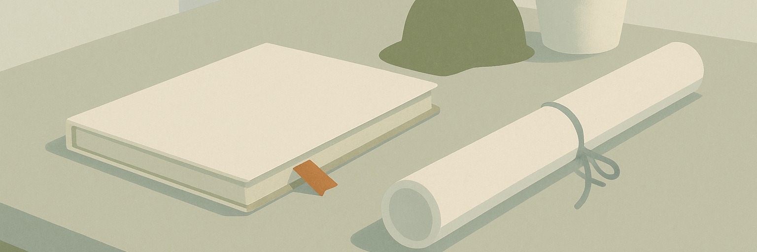 Painted illustration of a document folder with a terracotta bookmark, a rolled blueprint and a hard hat on a table