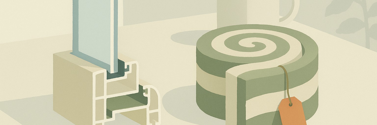 Painted illustration of a window frame cross-section and a roll of insulation placed side by side for comparison, with a terracotta tag