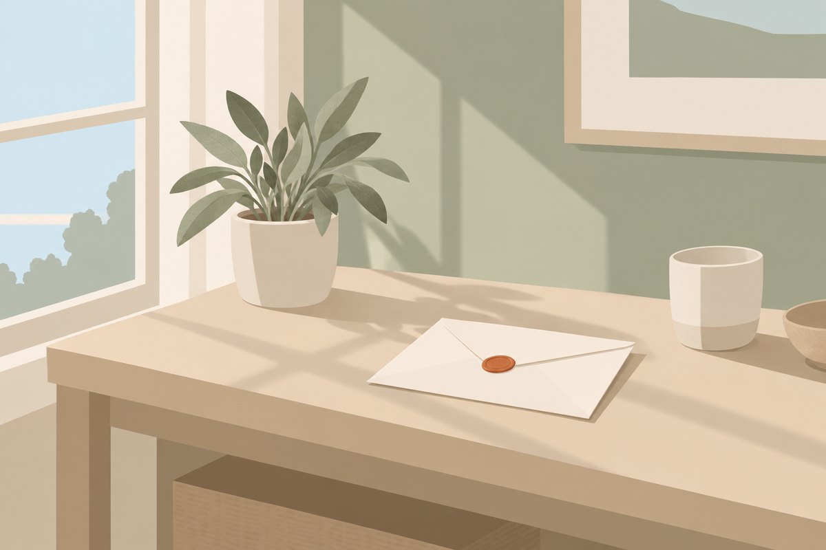 Illustration of a sealed envelope resting on a sunlit hallway table beside a potted plant