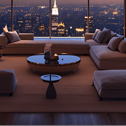 family office real estate investing shown by a penthouse living room overlooking a city skyline at sunset