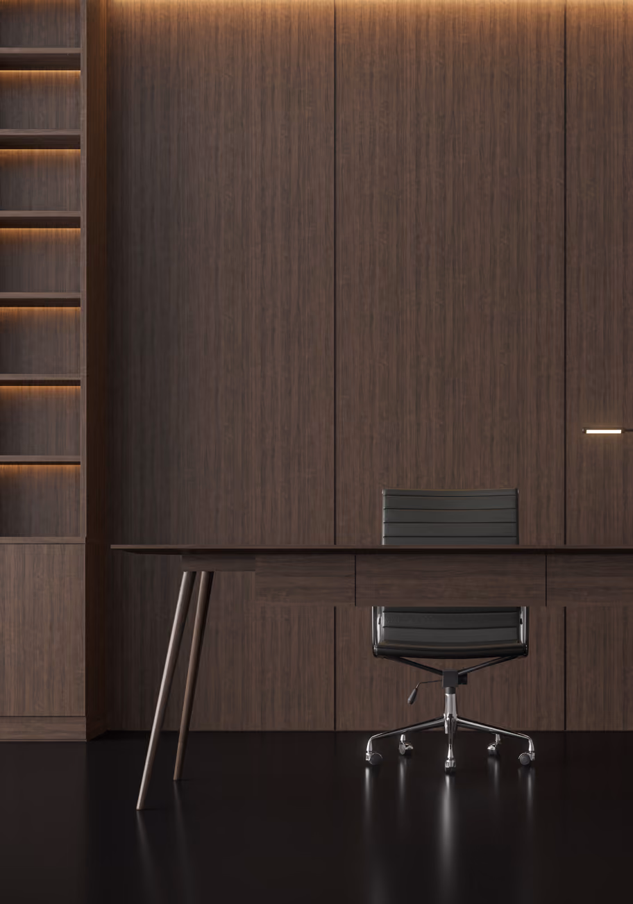 private investment office desk and leather chair against a dark wood paneled wall