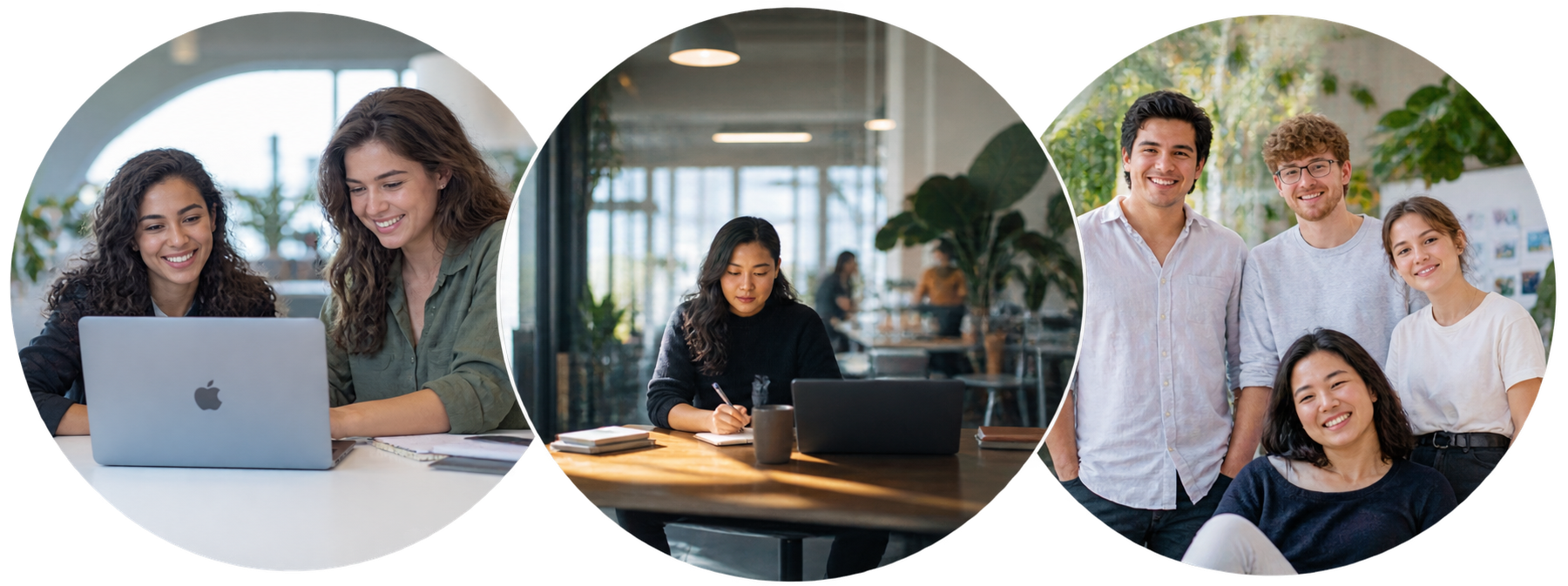 Three circular images showing workplace collaboration and study: two women smiling and looking at a laptop, a woman writing notes while working on a laptop in a bright office, and a group of four young coworkers smiling indoors with plants in the background.