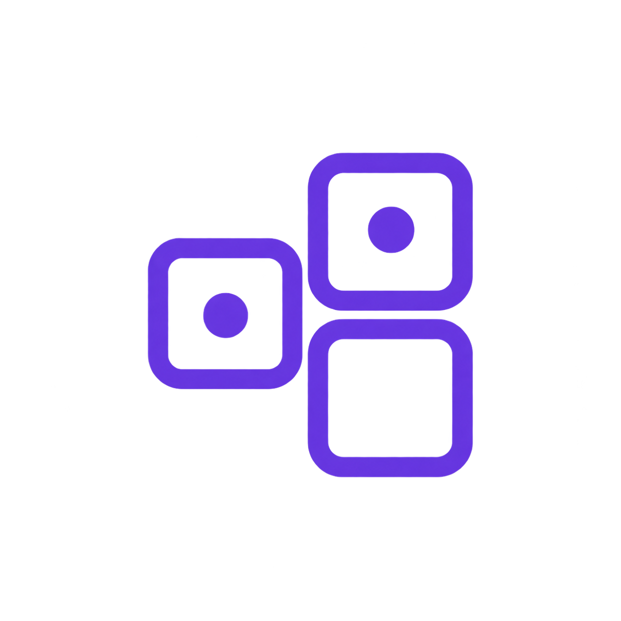 Abstract purple icon with three rounded squares, two containing centered dots, arranged in an L-shape on a transparent background.