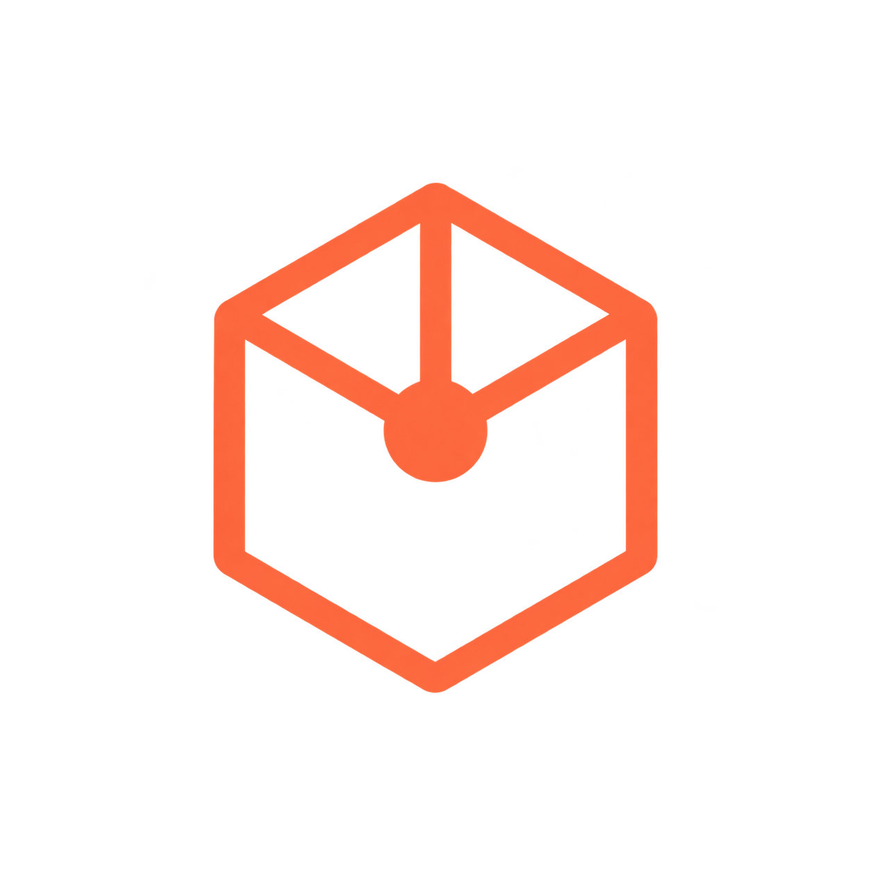 Orange hexagon outline with a small circle inside connected by two straight lines forming a stylized geometric shape on a transparent background.