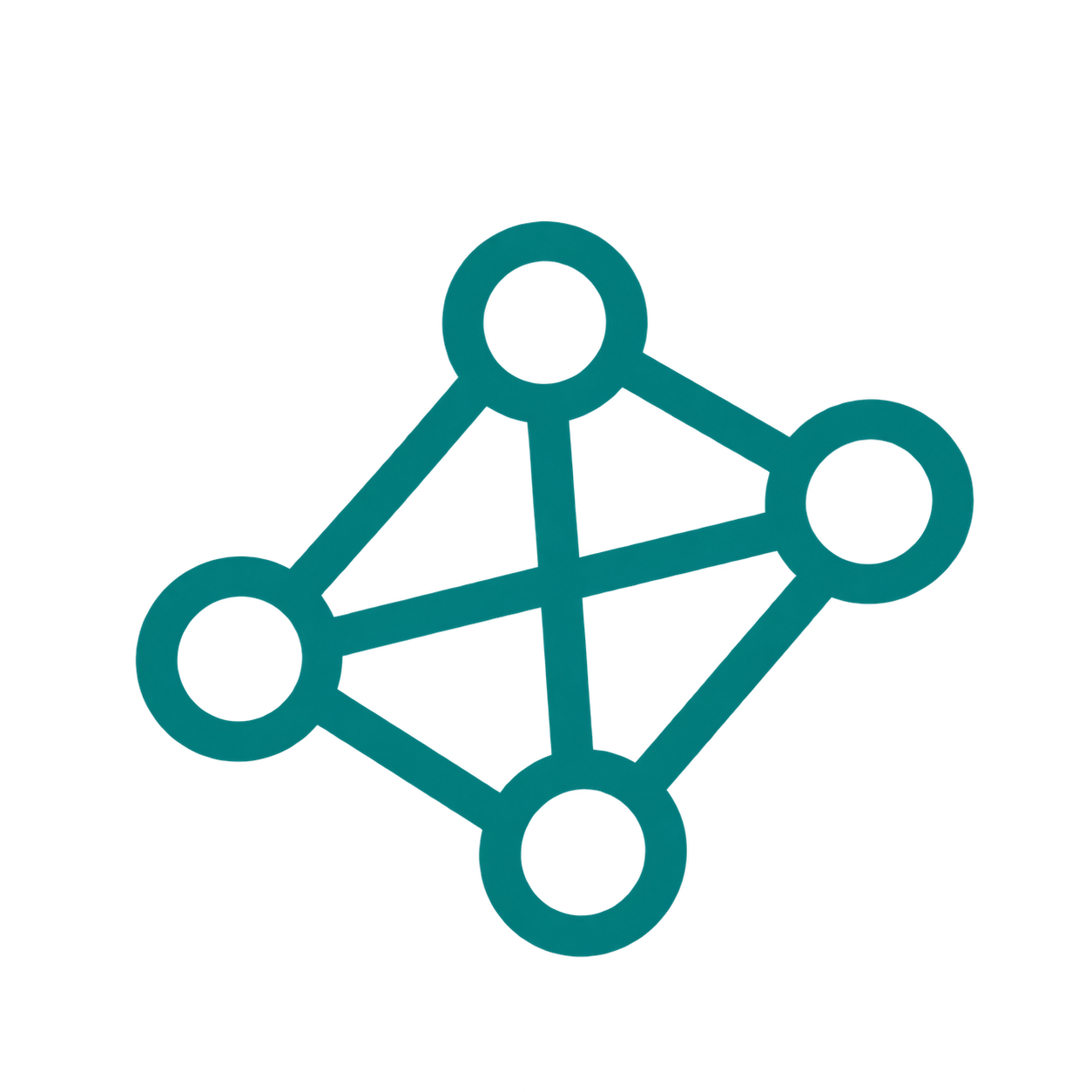 Teal network icon with four connected nodes forming a polygon with intersecting lines, symbolizing connections or automation.