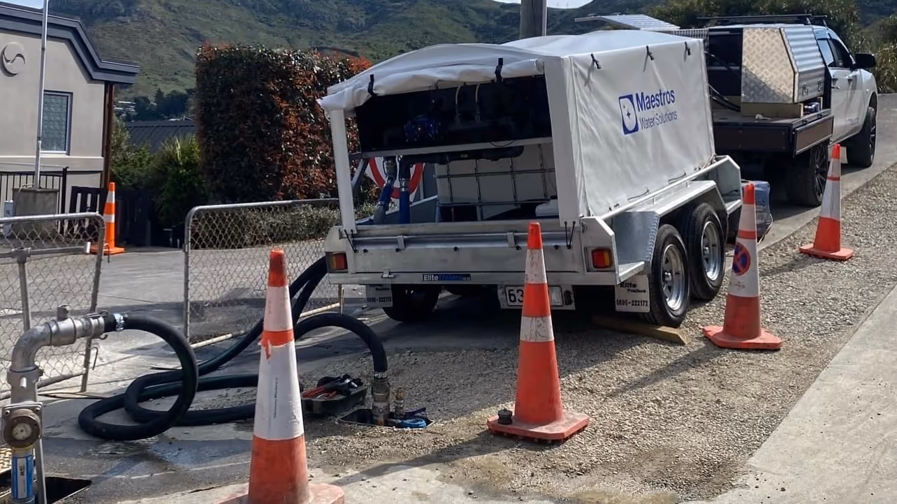 A Maestros Water Solutions trailer next to a water mains manhole