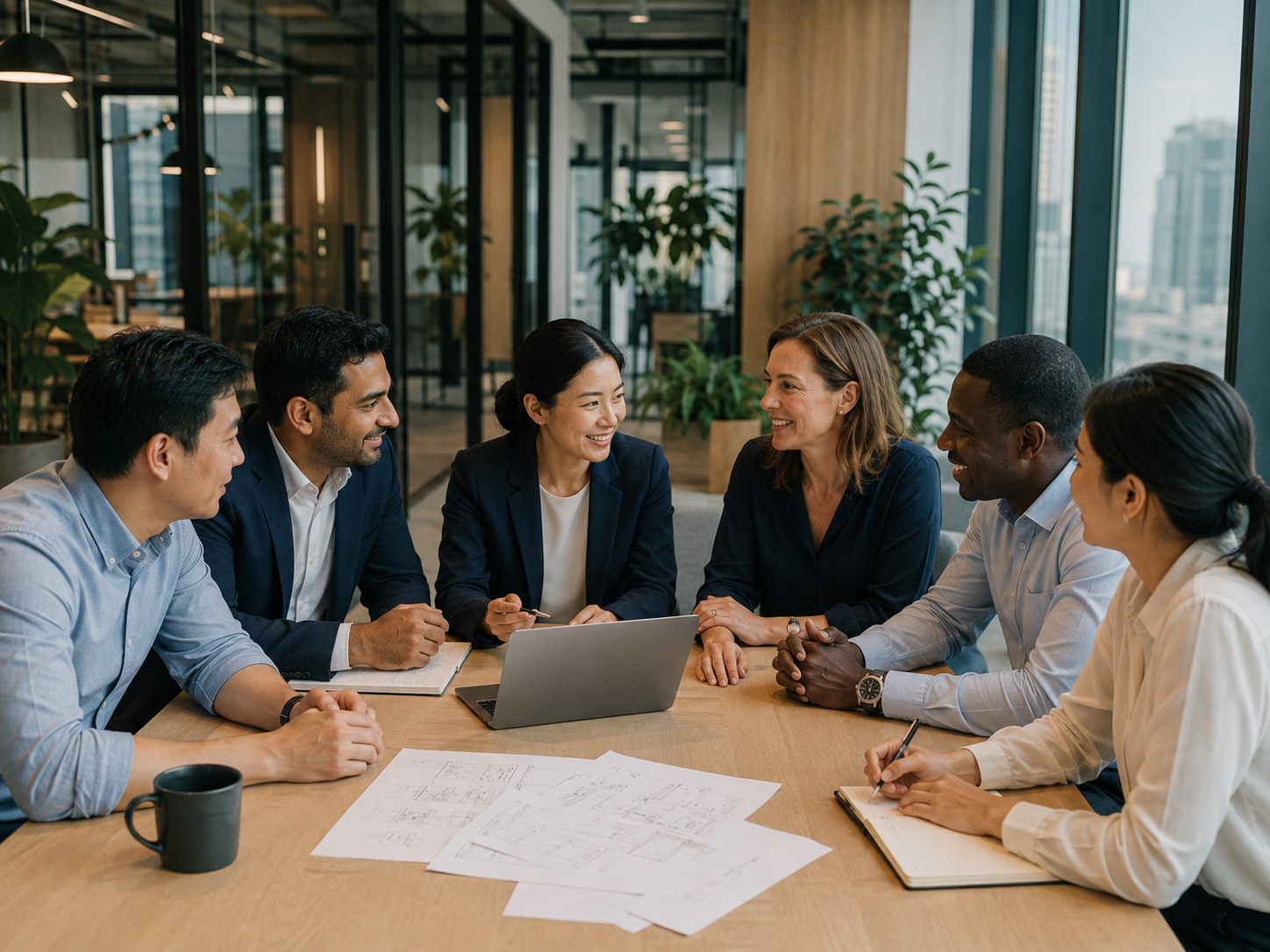 Illustration of a multicultural consulting team and customers collaborating happily in a modern startup office