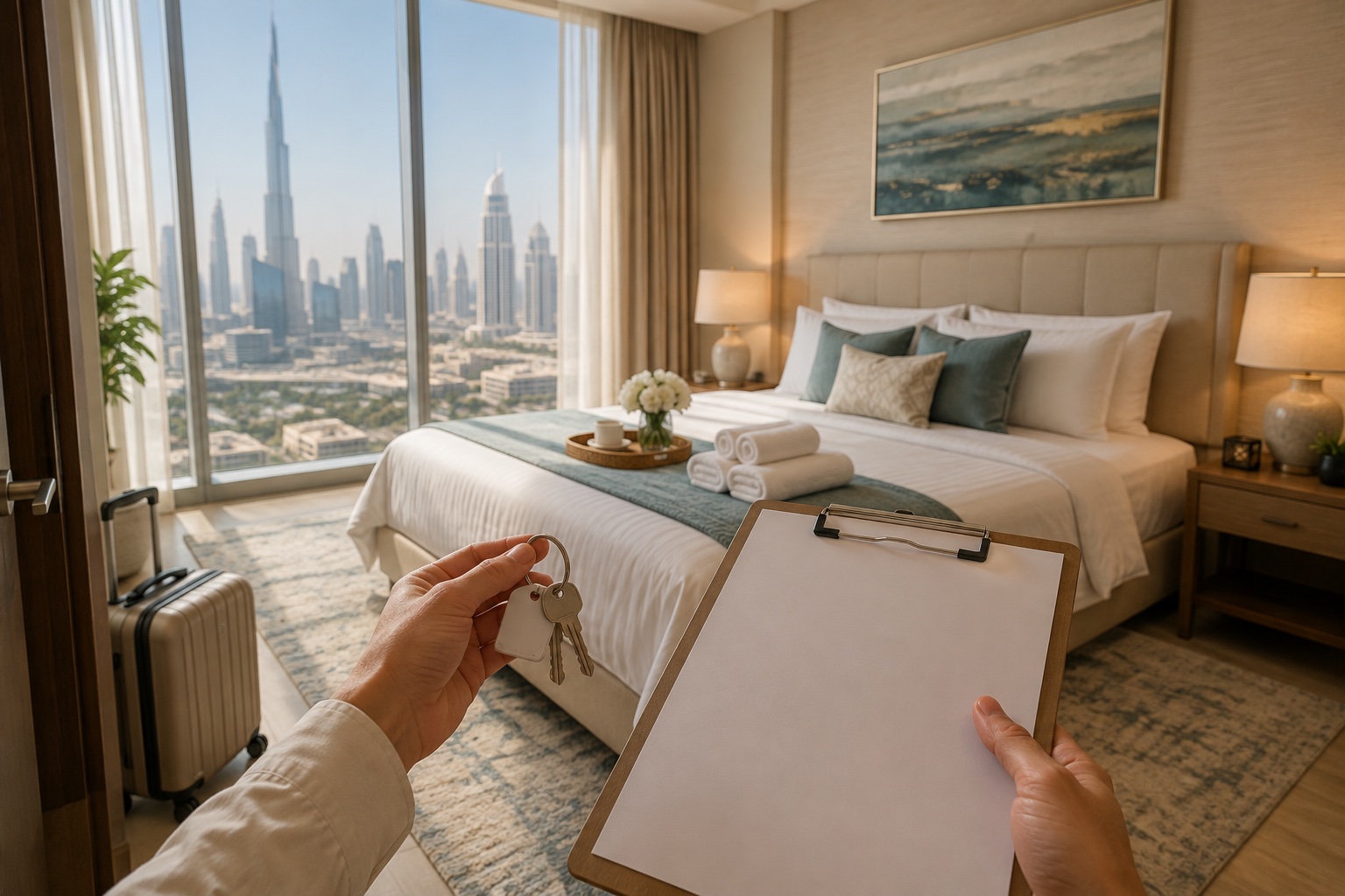 AI-generated illustration of a Dubai apartment ready for holiday-home guests