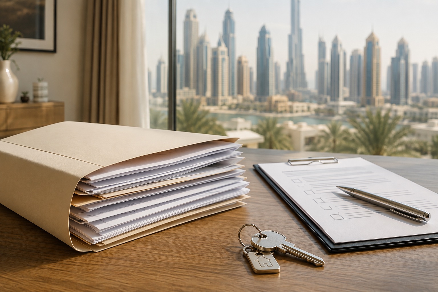 AI-generated illustration of property records and keys overlooking Dubai