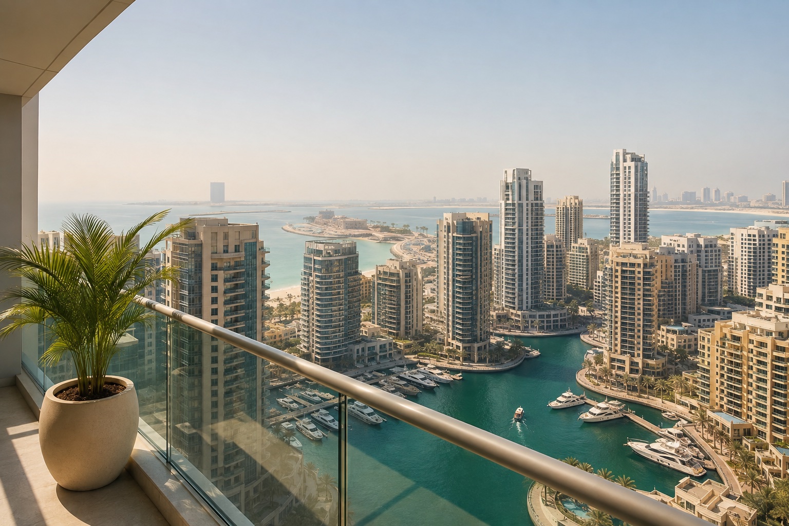 Illustration of a balcony overlooking Dubai Marina