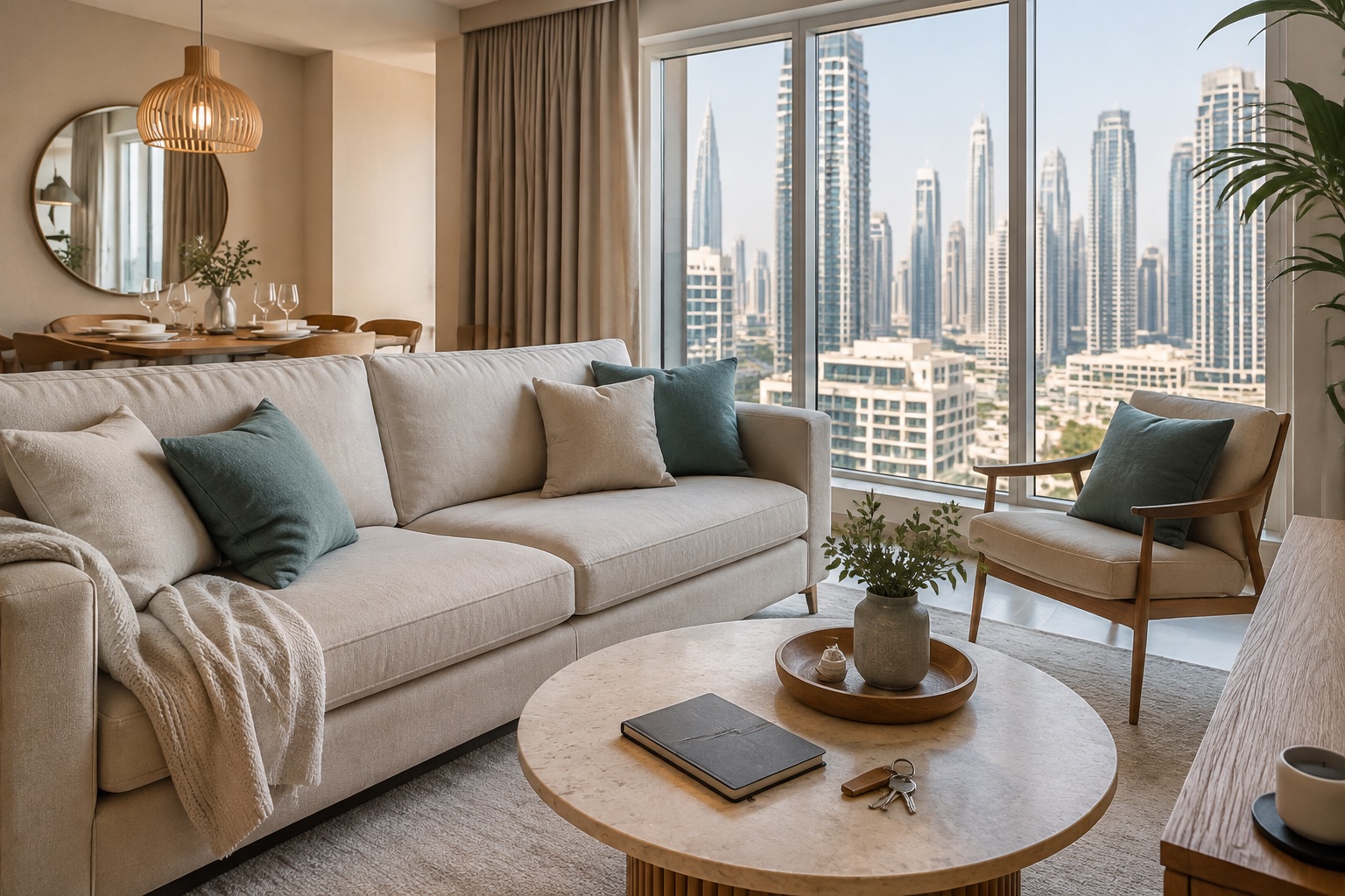 Illustration of a furnished Dubai apartment with skyline views