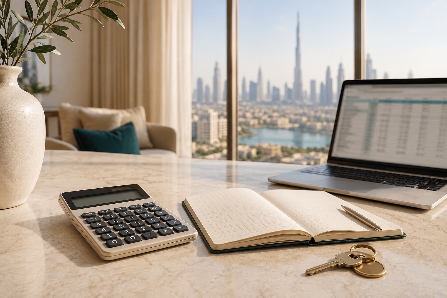 Illustration of a calculator, laptop and property keys overlooking the Dubai skyline