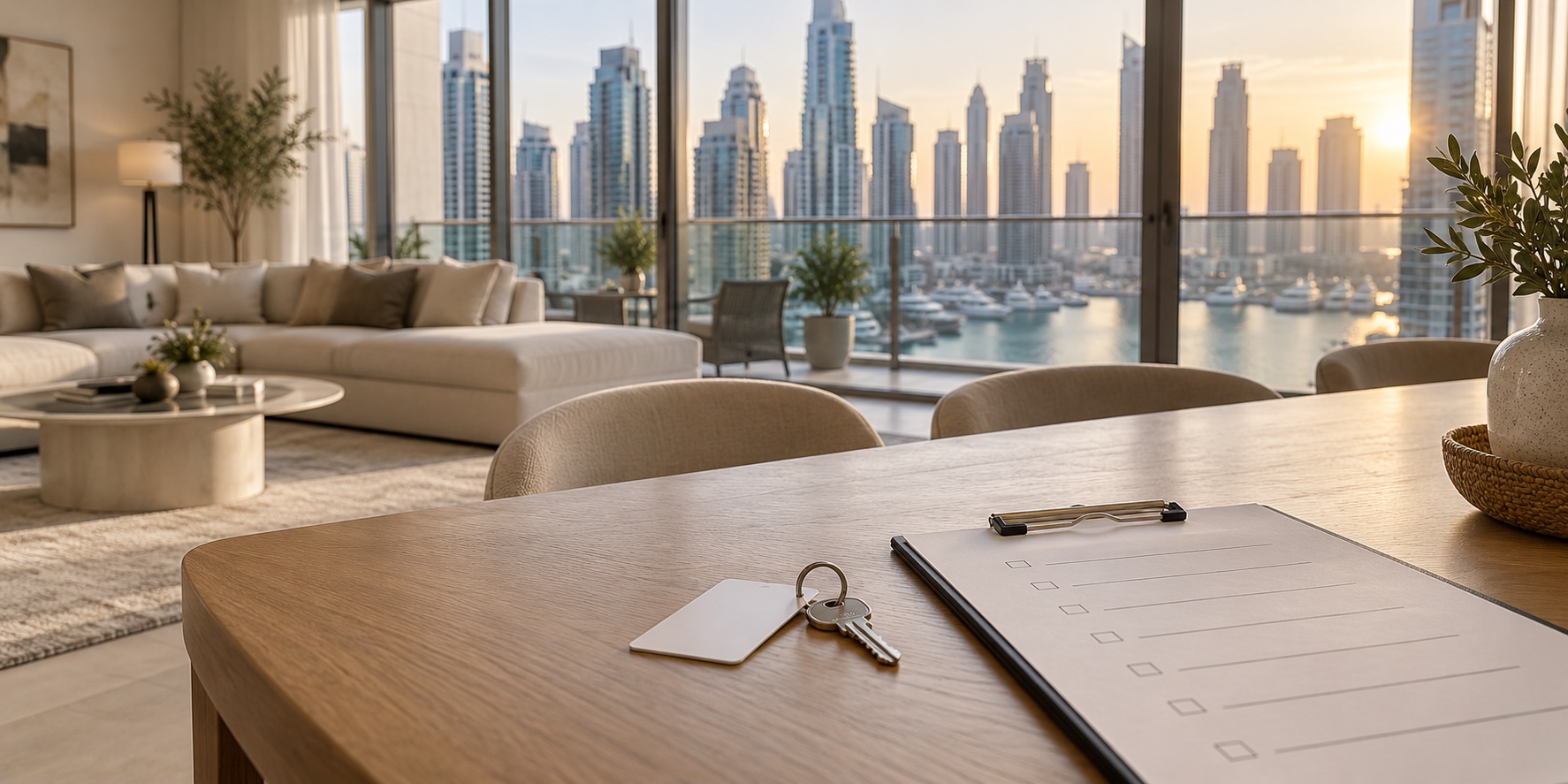 Illustration of apartment keys and a handover checklist overlooking Dubai Marina