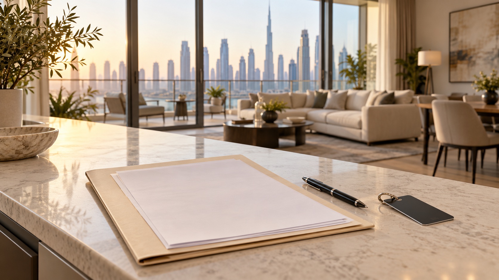AI-generated illustration of apartment documents and keys in a furnished Dubai holiday home