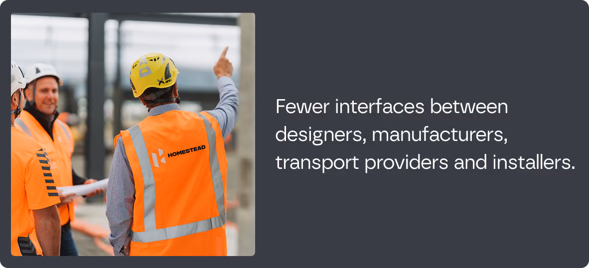 Three construction workers wearing orange safety vests and helmets on a site; one points ahead while others look on, with text beside them reading 'Fewer interfaces between designers, manufacturers, transport providers and installers.'