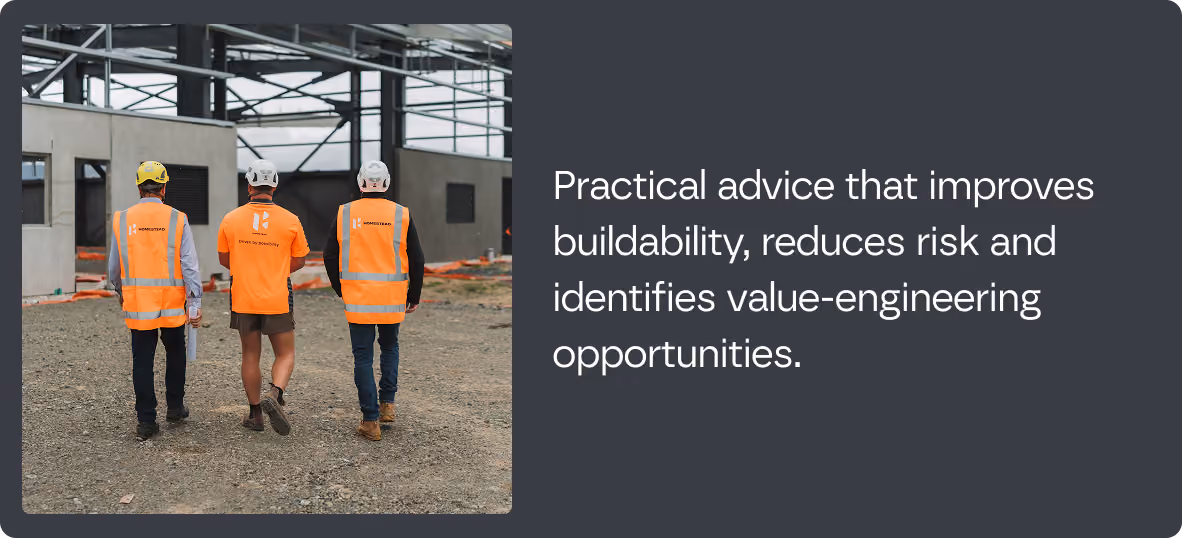 Three construction workers wearing orange safety vests and helmets walking away inside a building under construction, accompanied by a text stating practical advice to improve buildability, reduce risk, and identify value-engineering opportunities.