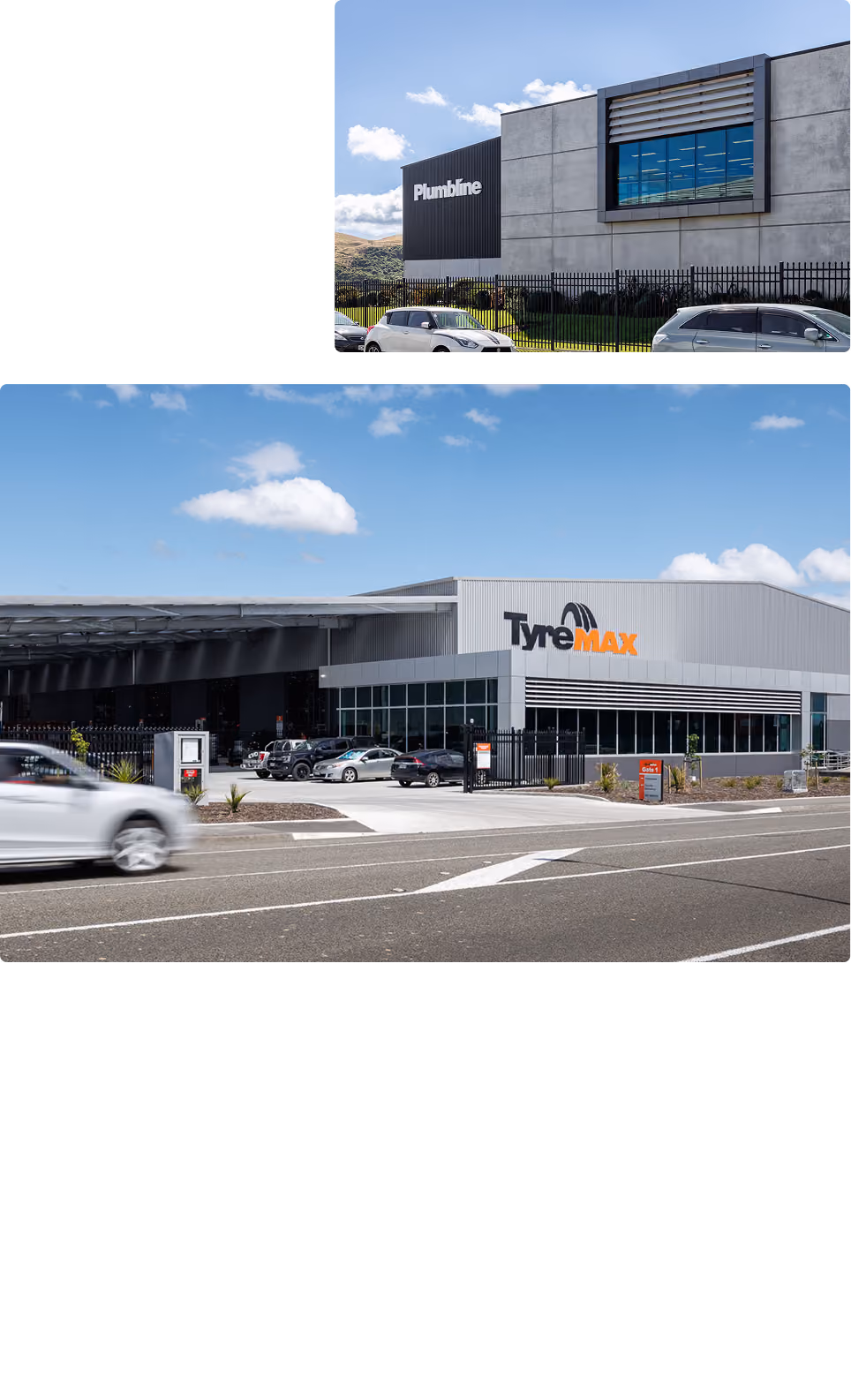 Two modern commercial buildings with signage: the upper image shows a gray concrete building with the word 'Plumbline' on a black panel and cars parked outside behind a fence; the lower image shows a larger white building labeled 'TyreMAX' with a glass entrance, cars parked in front, and a road with a white car passing by under a blue sky with clouds.