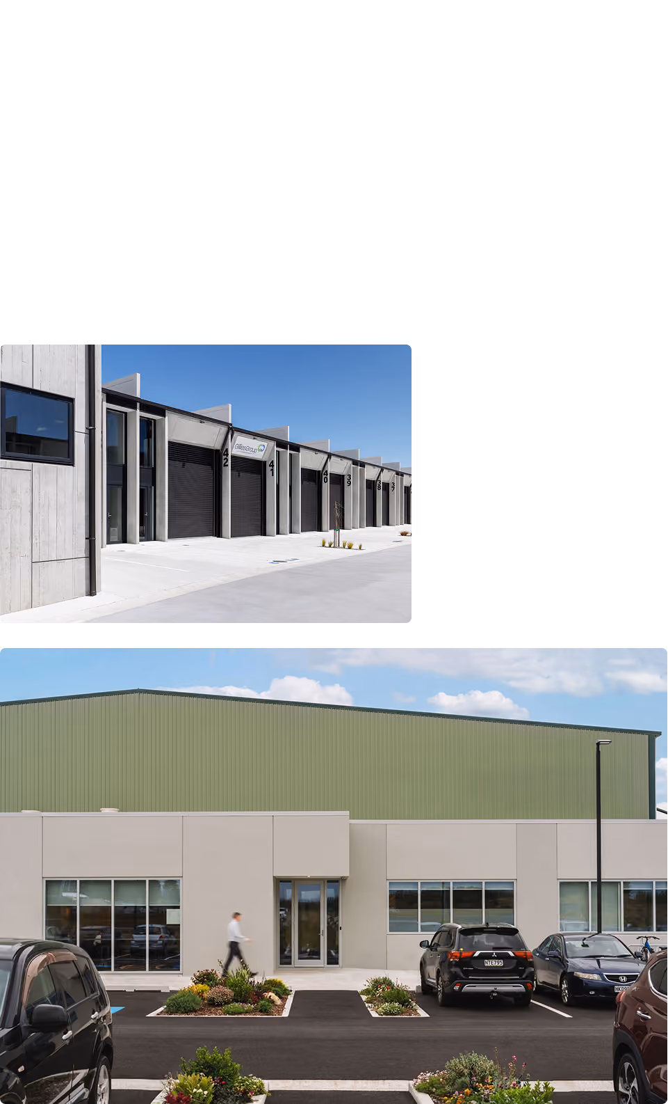 Two modern industrial buildings; the top shows a row of gray warehouse units with large black roll-up doors and a concrete driveway under a clear blue sky. The bottom shows the front of a beige commercial building with large glass windows and a green metal roof, parking spaces with cars, small landscaped flowerbeds, and a person walking on the sidewalk in front.