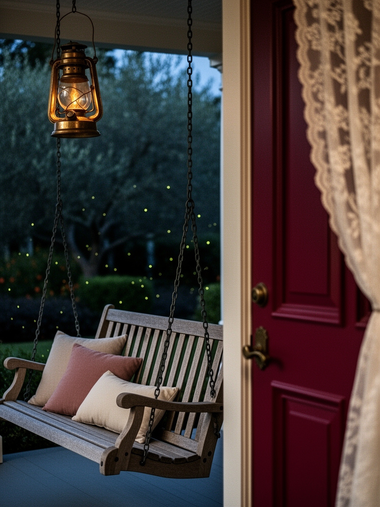 A quiet porch swing sits beside a burgundy door and glowing lantern at blue hour.