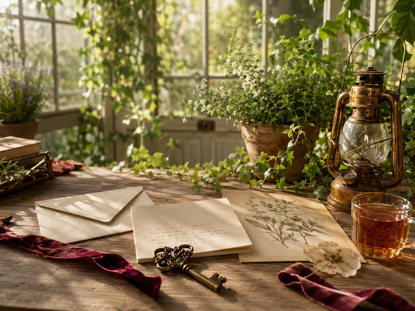 Sunlit correspondence and botanical papers on a wooden table with a lantern and brass key
