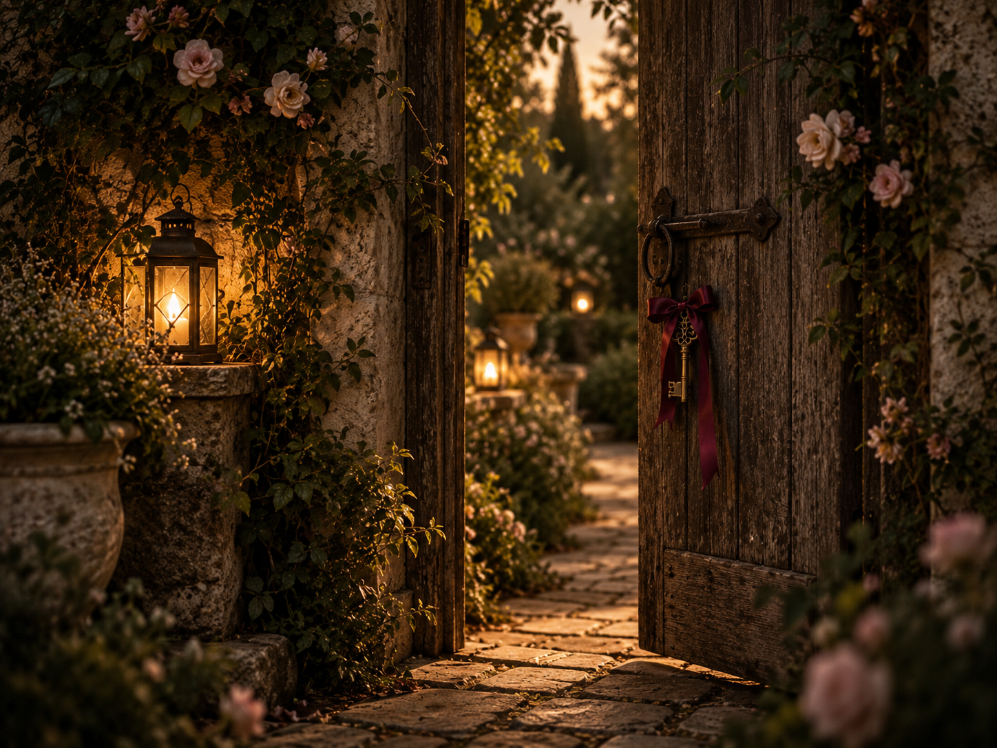 An old wooden garden gate stands open beside a glowing lantern with a brass key tied to the latch.