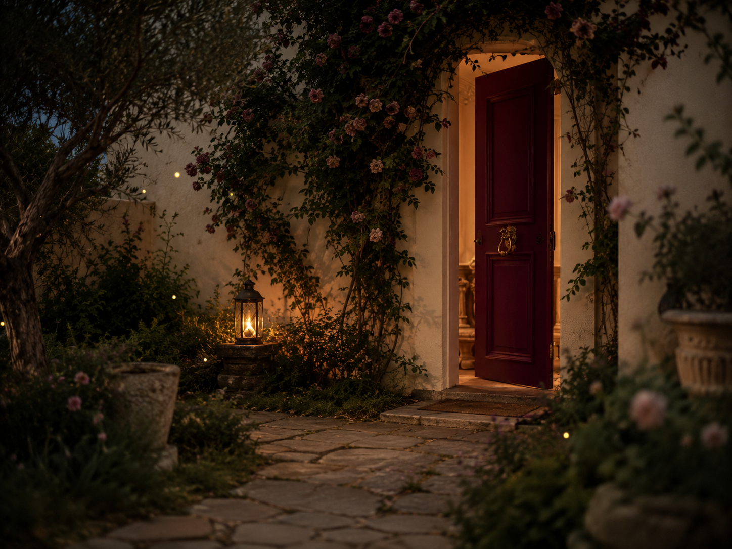 A warmly lit burgundy door stands open at the end of a garden path at dusk.
