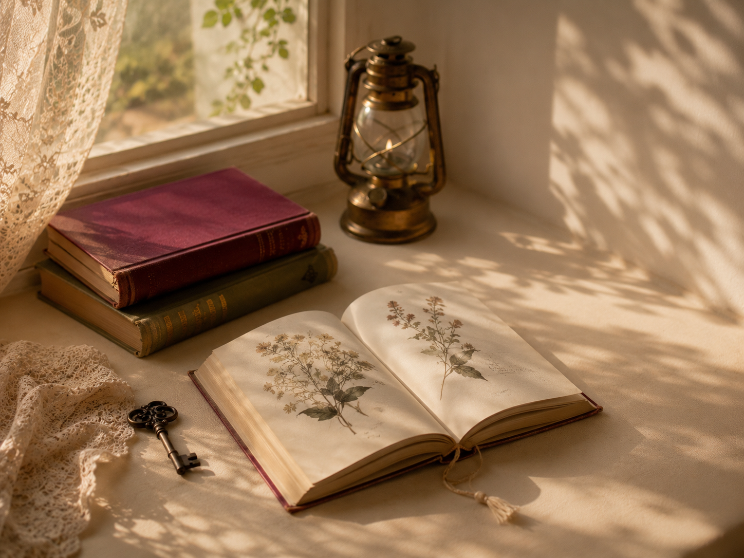 A sunlit botanical book, brass key, lantern, lace, and vintage books.