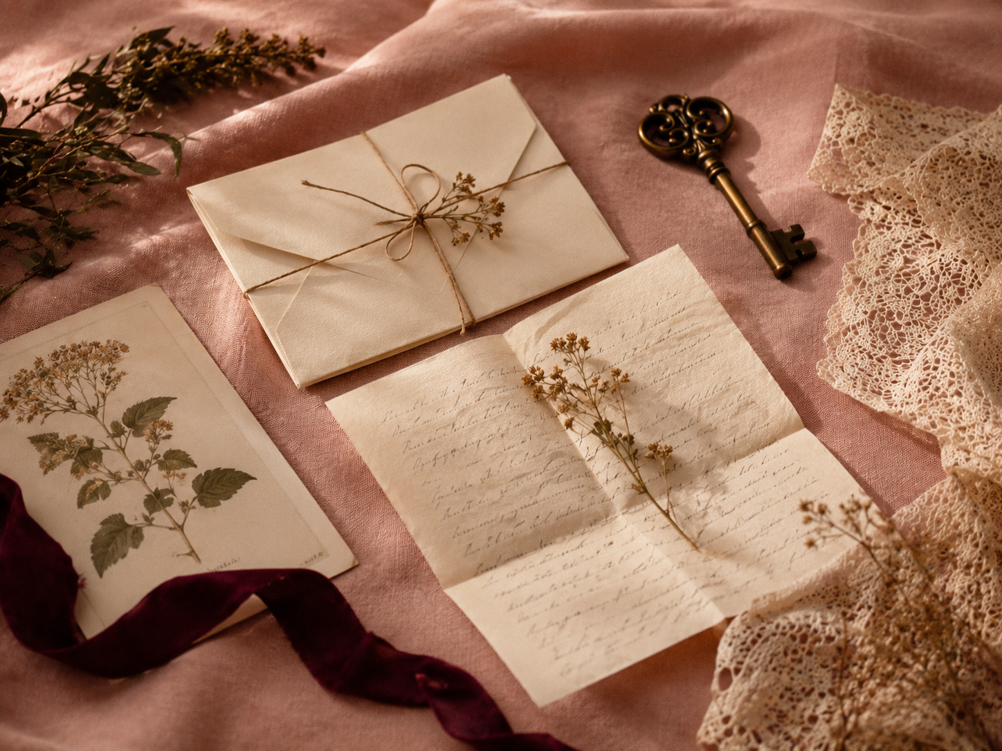 Cream correspondence, botanical papers, lace, ribbon, and an antique key arranged on dusty rose fabric.