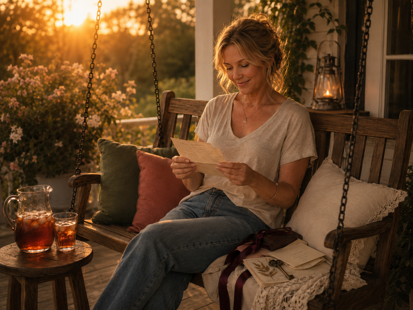 A woman reads a handwritten letter on a wooden porch swing in warm evening light.