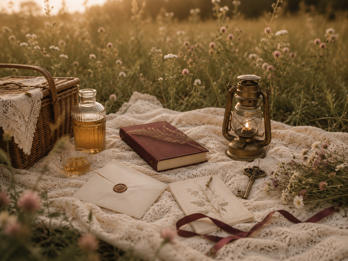 A lantern, key, book, and correspondence rest on lace in a wildflower meadow.