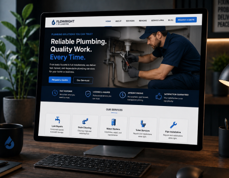 Example website for a plumbing company shown on a desktop monitor
