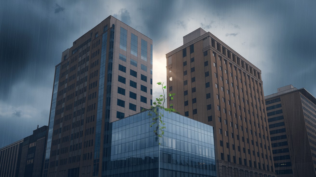 two buildings merging