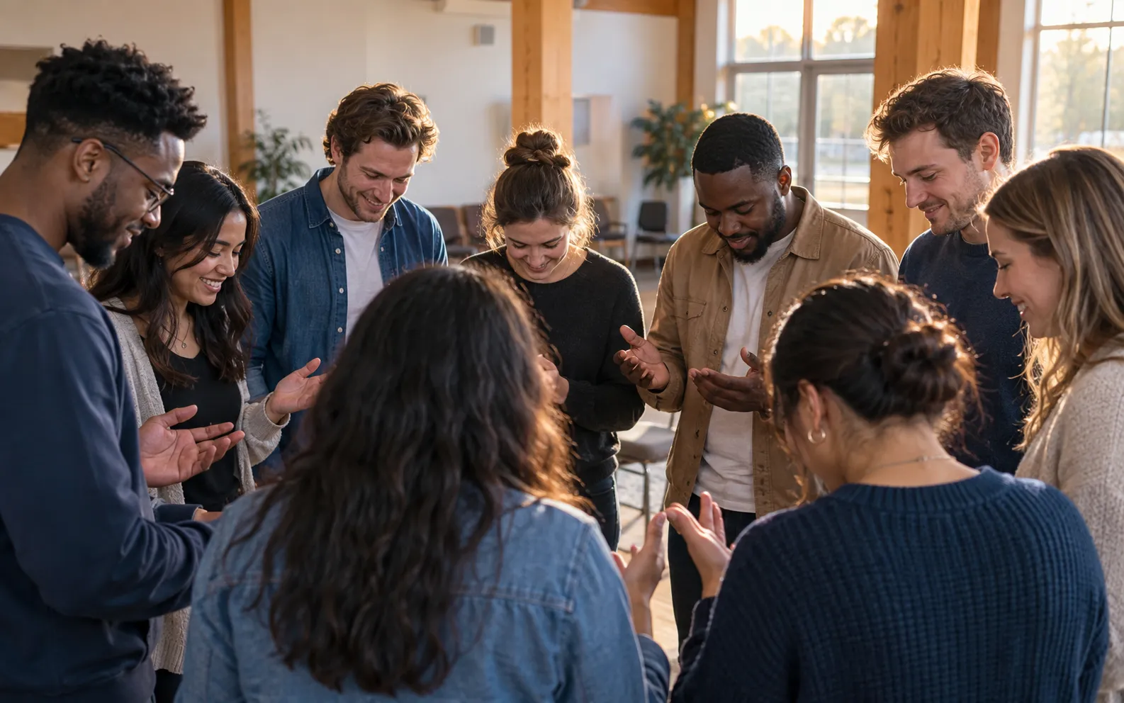 Eight young adults standing indoors in a circle with heads bowed and hands raised in a group prayer or meditation, with soft natural light coming through large windows behind them.