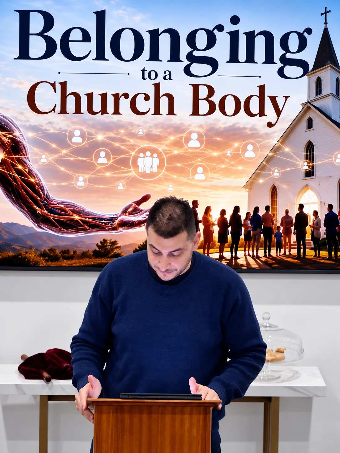 Man in a navy sweater standing at a wooden podium, looking down, with a backdrop showing a church, a group of people outside it at sunset, and the words 'Belonging to a Church Body'.