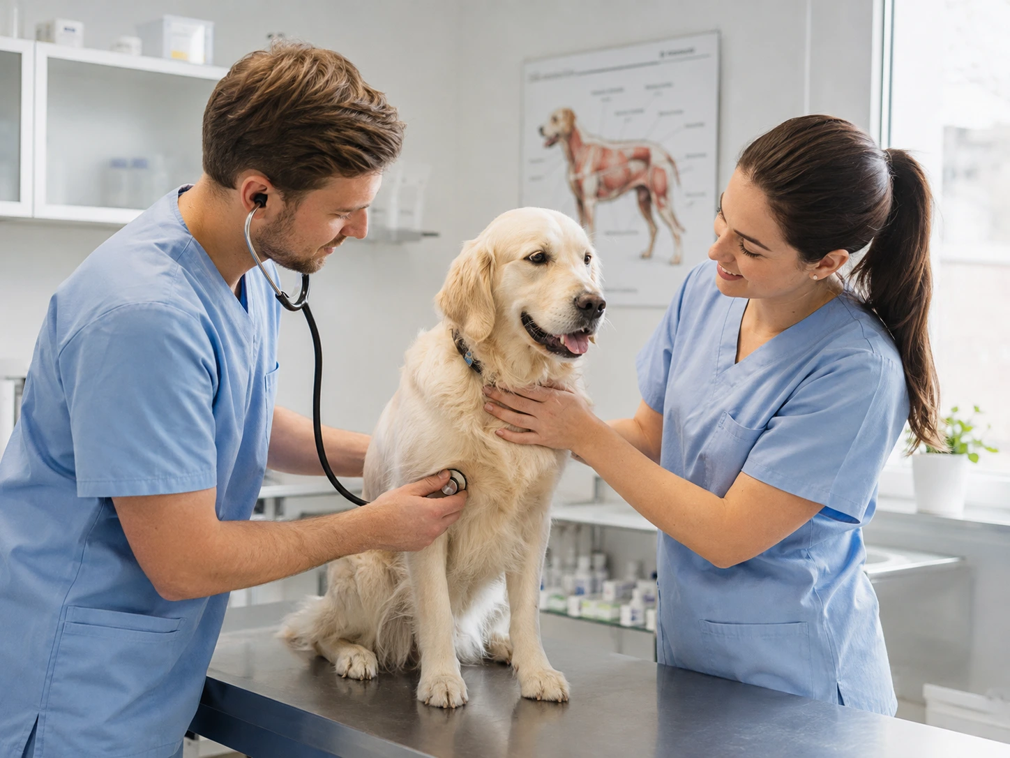 Veterinary clinicians examining a dog
