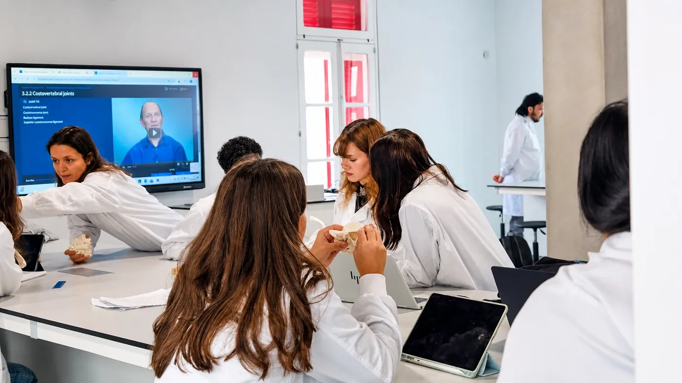 Students in white coats during a class at MediCampus Europeo in Malta