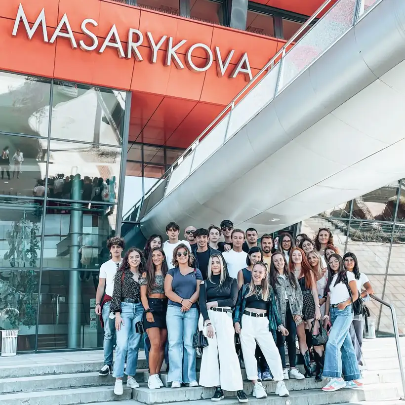 Students in front of the Masaryk University building in Brno