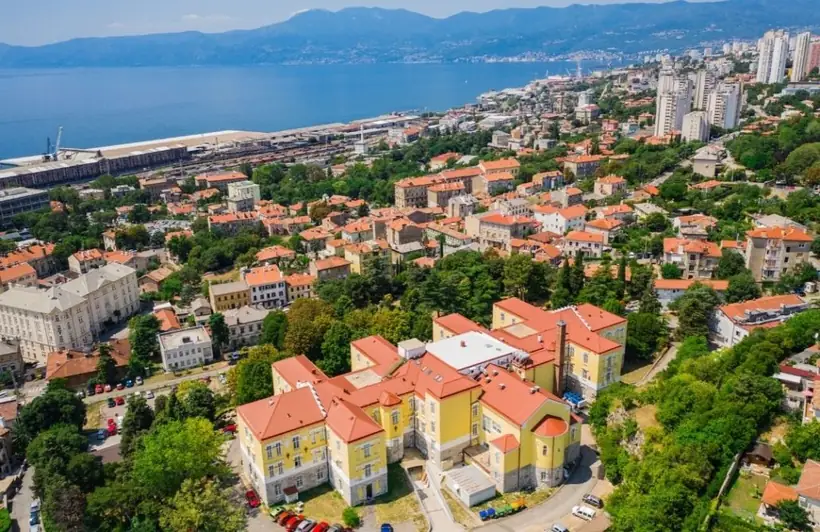 An aerial view of a Croatian coastal town by the sea