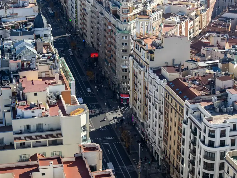 An aerial view of Gran Vía in Madrid