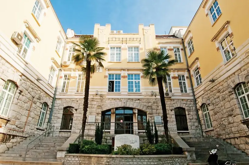 A university building framed by palm trees in Croatia