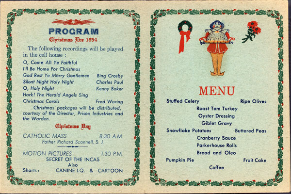 A two-page Alcatraz Christmas programme dated 1954, with entertainment and a menu including roast turkey, oyster dressing, pumpkin pie and coffee.
