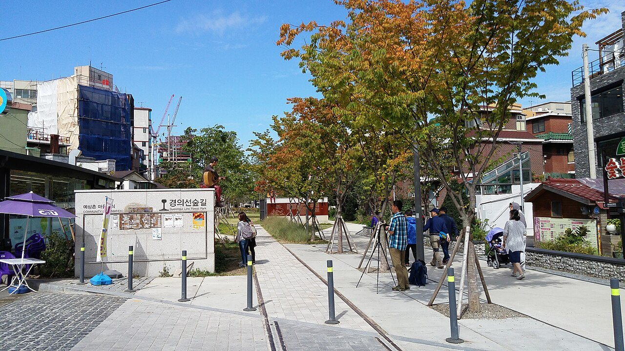 Former railway tracks integrated into Gyeongui Line Forest Park near Hongdae, photographed in daylight on 6 October 2017.