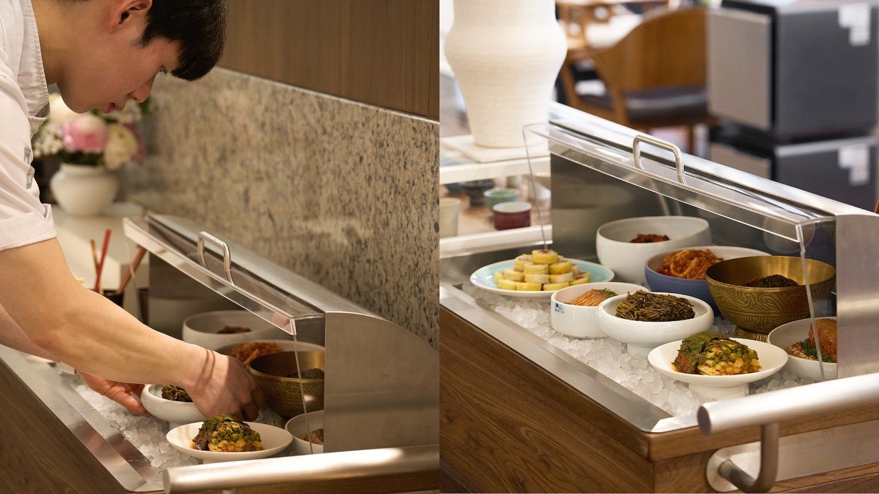 Two photographs from MINGCHU showing a plate being served and Kwonsooksoo’s kimchi trolley.