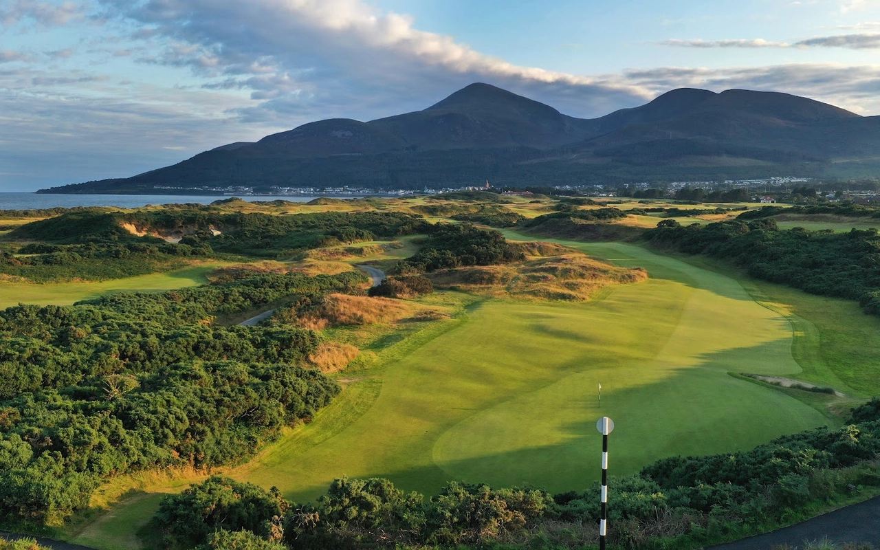 Royal County Down golf links with the Mourne Mountains behind