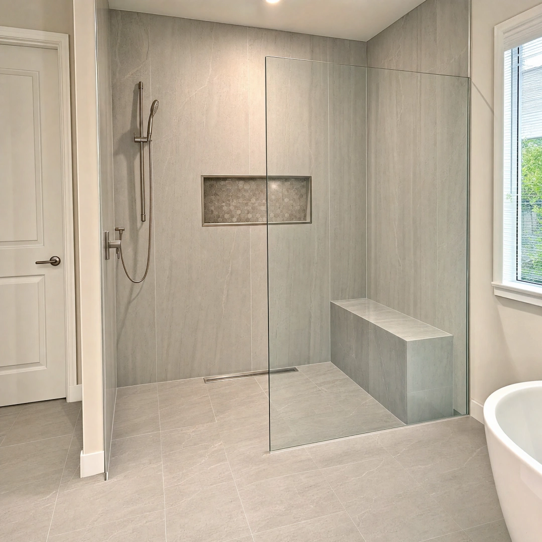 Curbless walk-in shower with large-format tile running level into the bathroom floor, a linear drain and a frameless glass panel