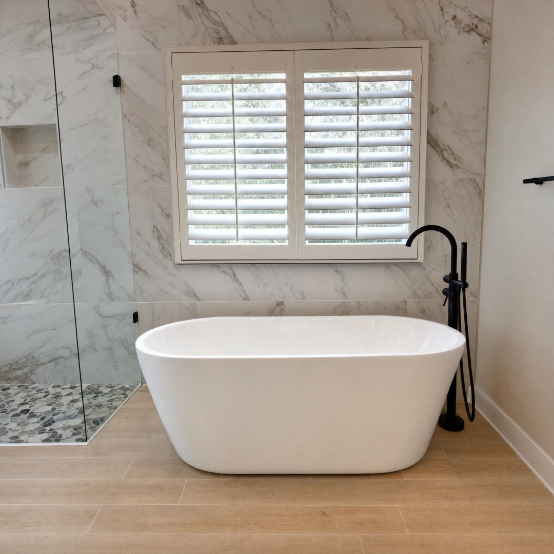 Remodeled primary bathroom with a freestanding soaking tub against a marble-look porcelain feature wall and a matte black tub filler