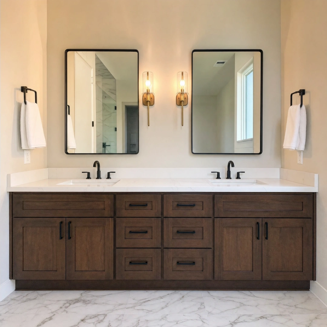 Bathroom double vanity in dark stained wood with a white quartz countertop, matte black faucets and two framed mirrors